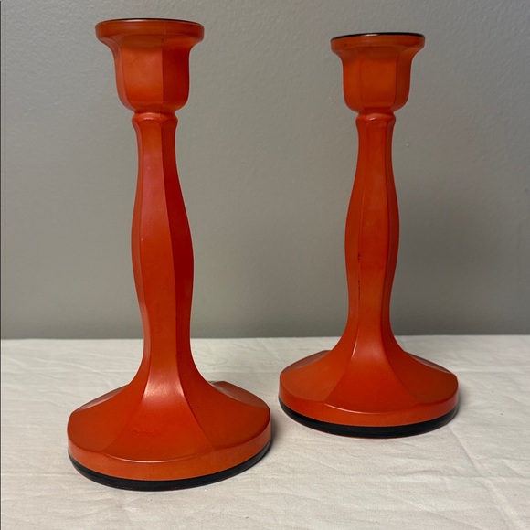 Unbranded Other - Vintage Orange Glass Candlestick Holders Set of 2 Mid Century Modern